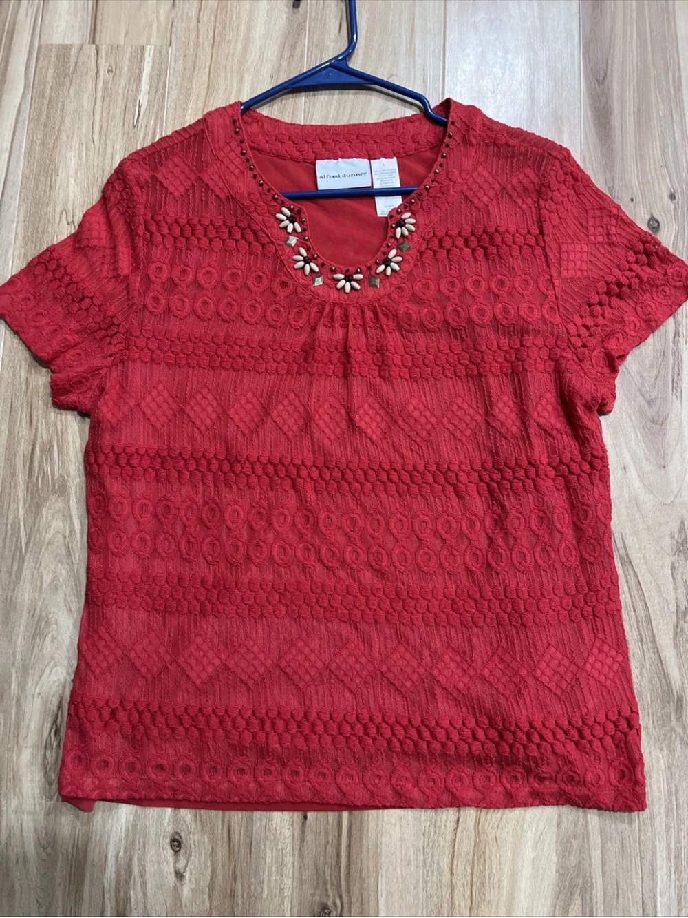 Alfred Dunner Red Lace Short Sleeve Top with Beaded Neck